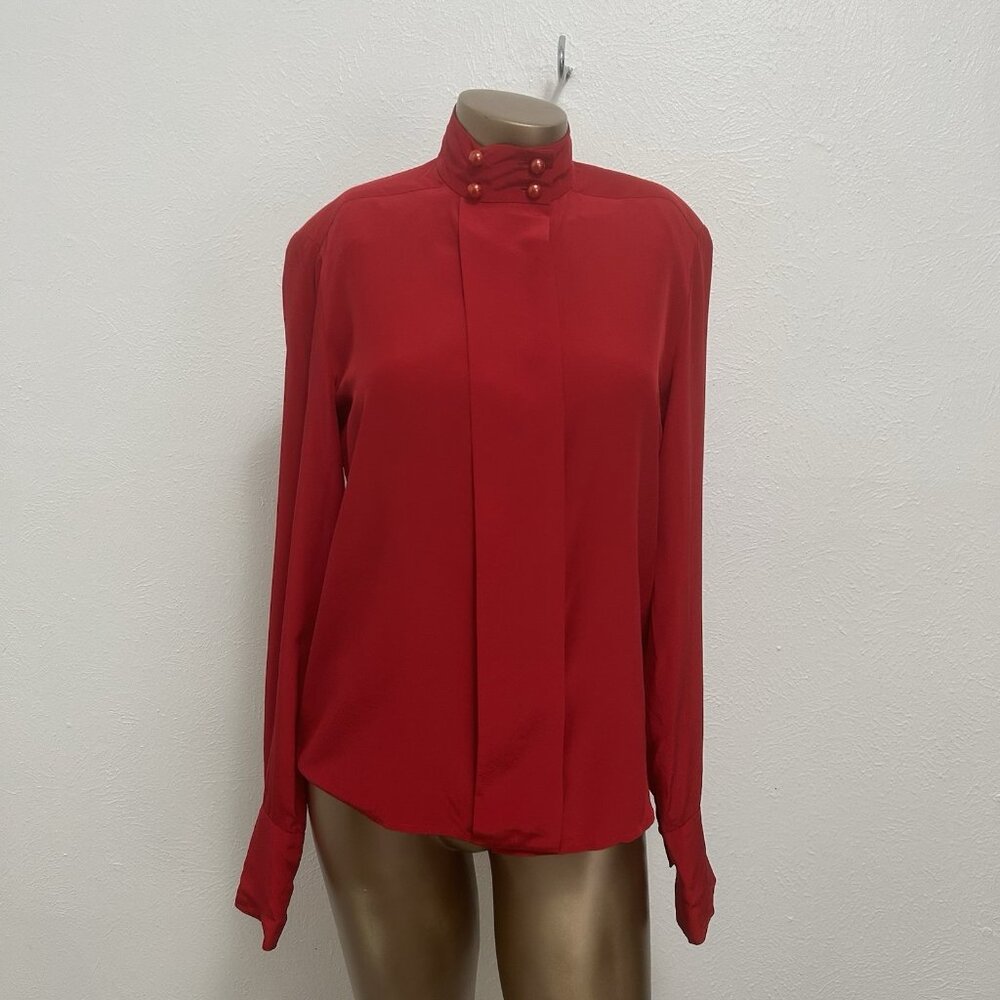 Carlisle VTG 80s Red Silk Hidden Button Pleated Shirt Blouse Stand Up Collar 2